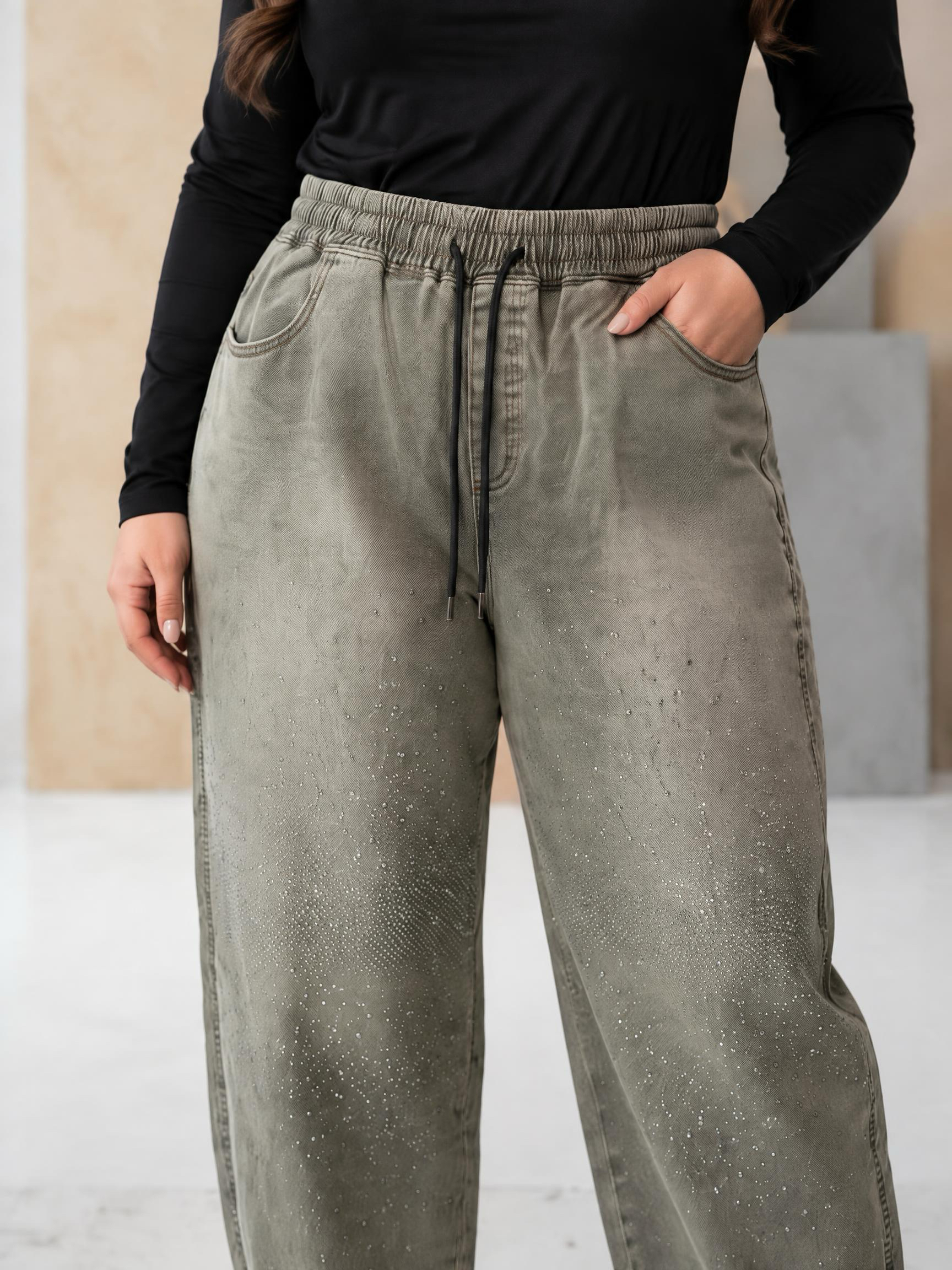 Blugi Plus Size cu cristale și croială lejeră culoare verde