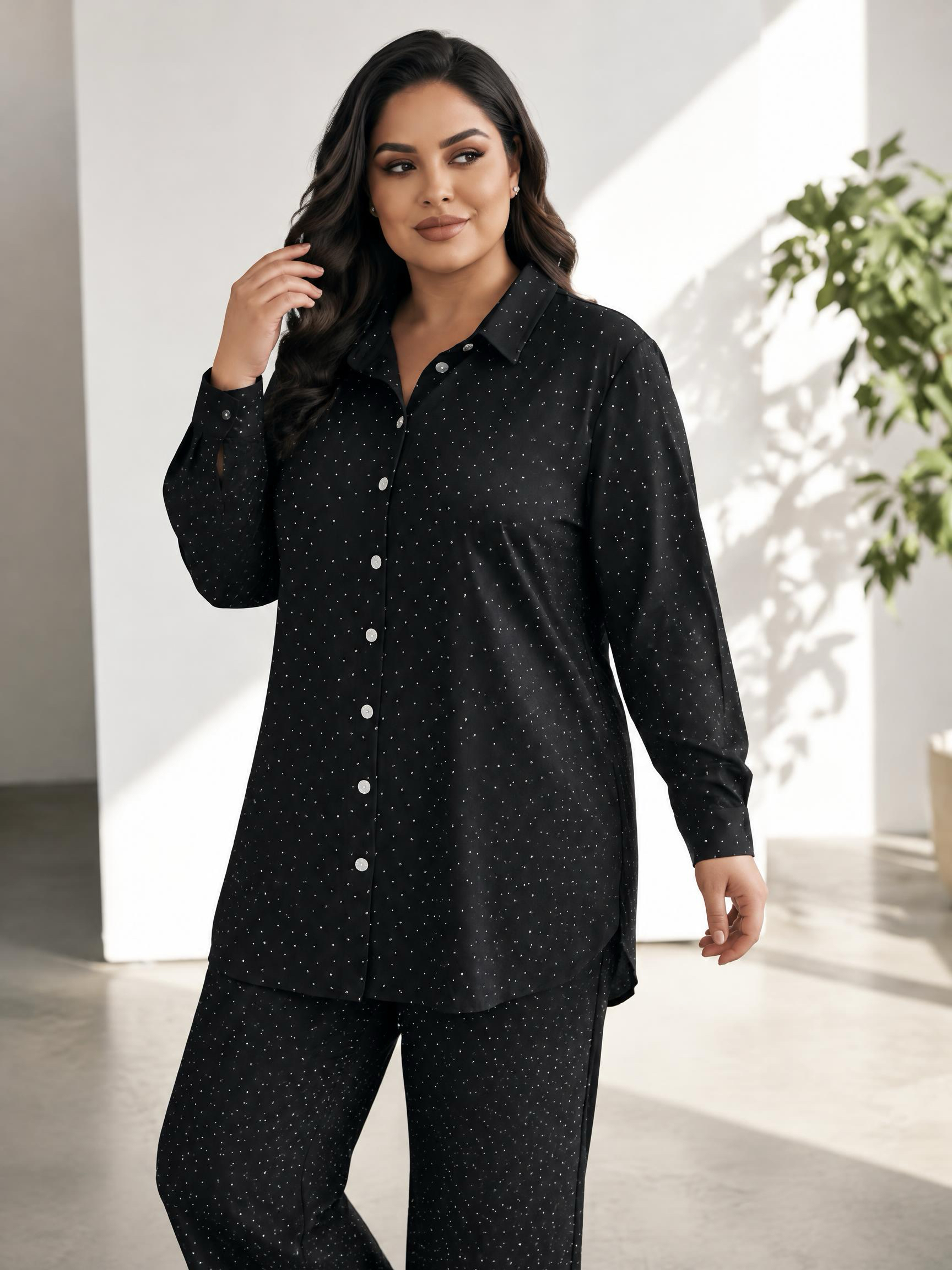 Set maxi negru modern și larg din cămașă și pantaloni