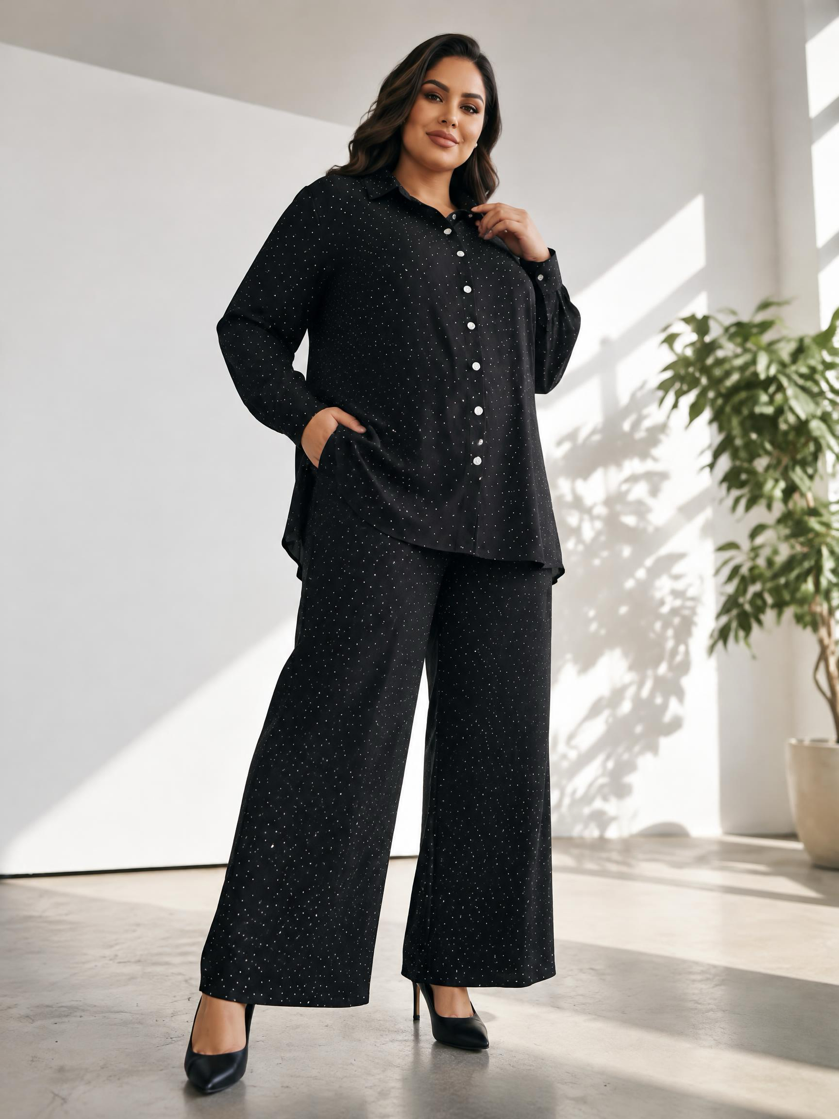 Set maxi negru modern și larg din cămașă și pantaloni
