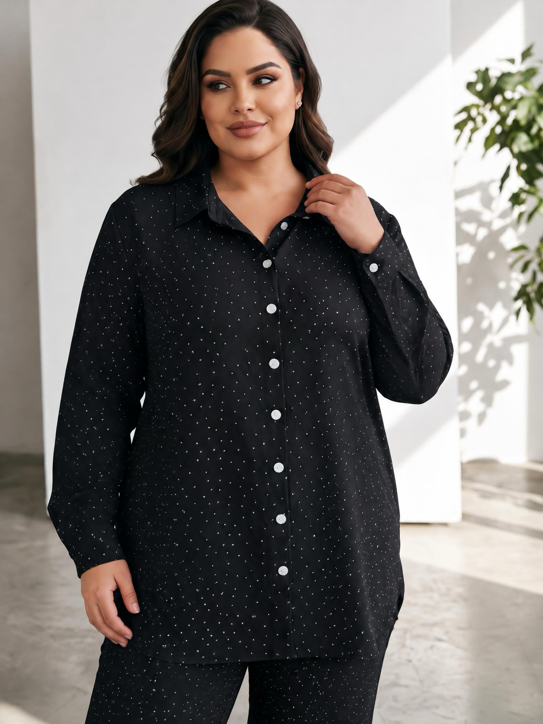 Set maxi negru modern și larg din cămașă și pantaloni
