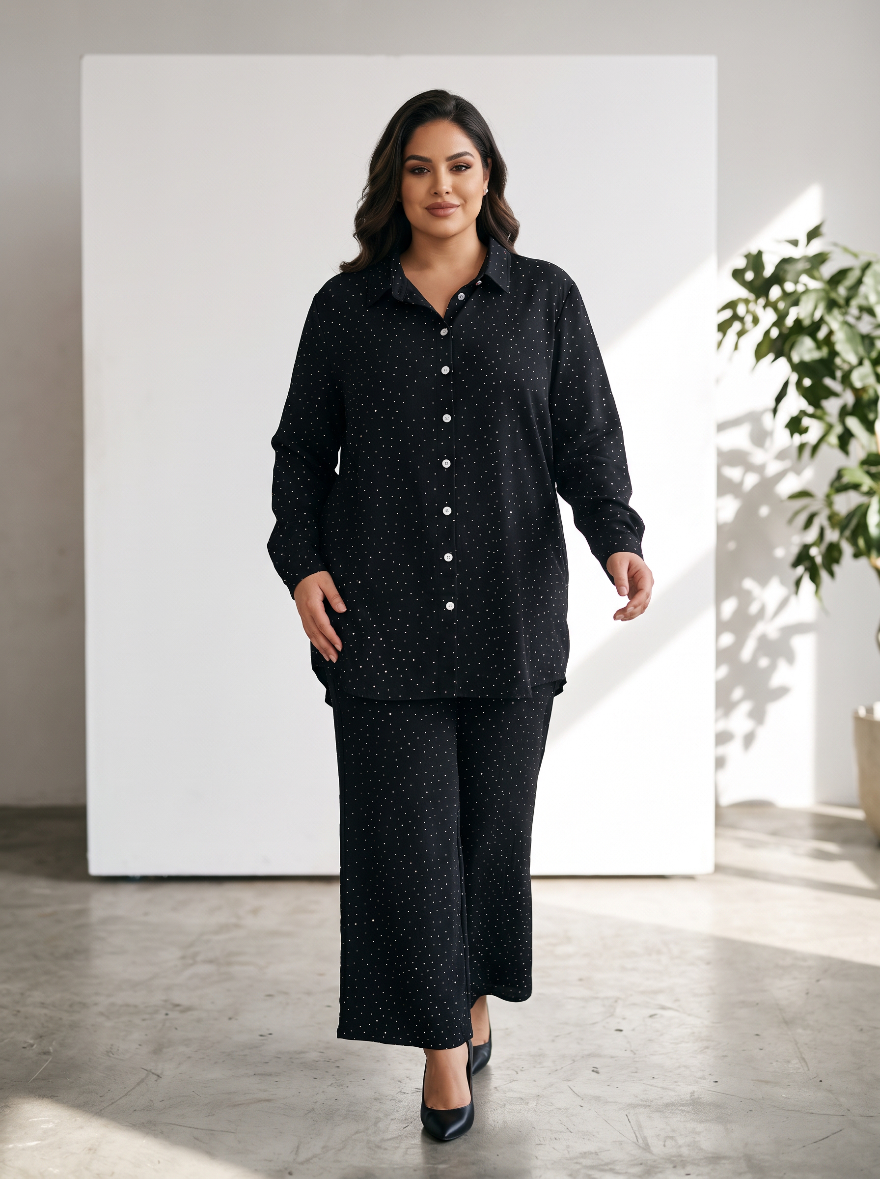 Set maxi negru modern și larg din cămașă și pantaloni