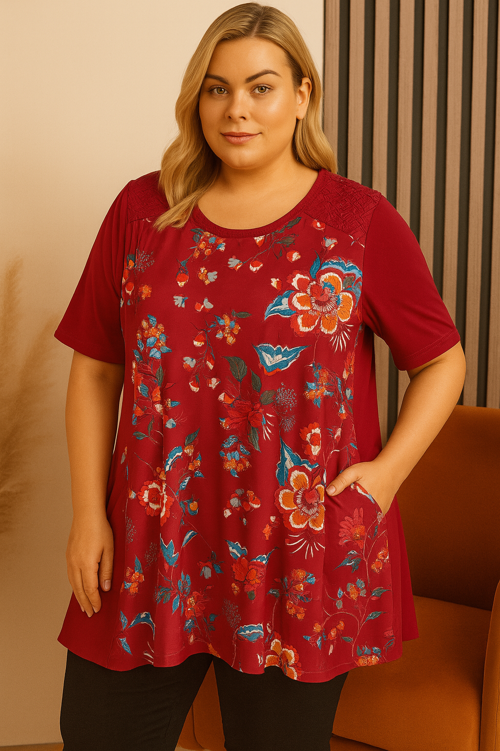 Tunică bordo cu împrimeu floral și buzunar