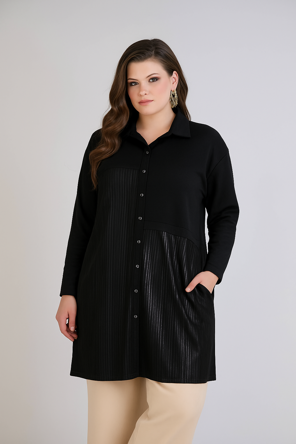 Cămașă lungă elegantă cu nasturi și buzunare