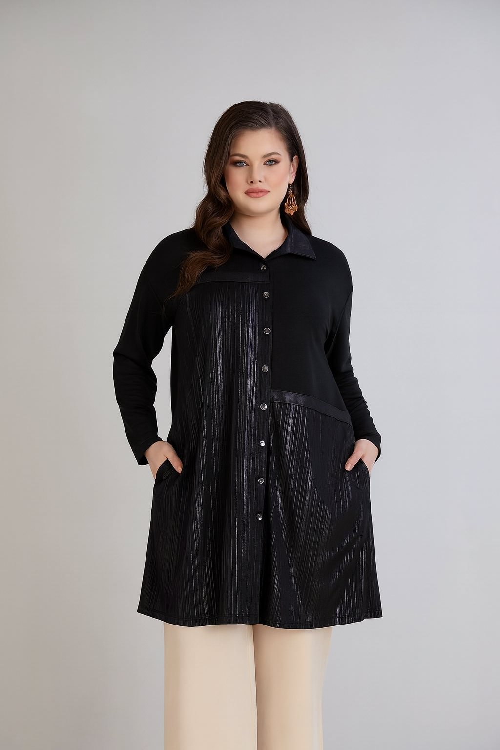 Cămașă lungă elegantă cu nasturi și buzunare