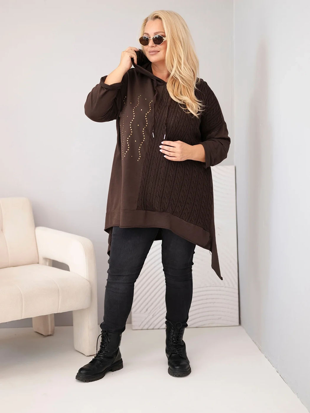 Tunică maxi elegantă maro asimetrică cu glugă