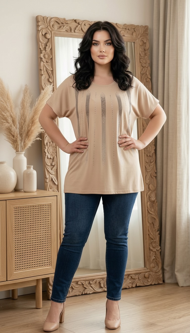 Tunică stilată bej cu pietricele strălucitoare PLUS SIZE