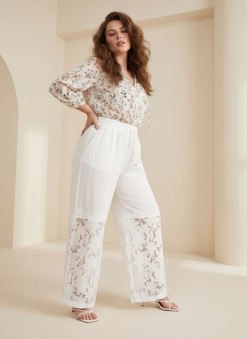 Pantaloni ecru din bumbac cu accente de dantelă brodată