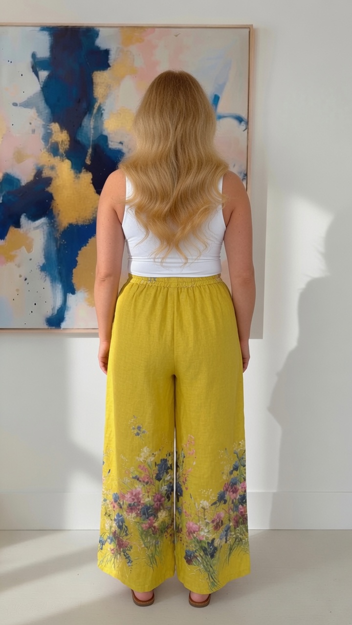 Pantaloni din in culoare galbenă croială lejeră cu accent floral