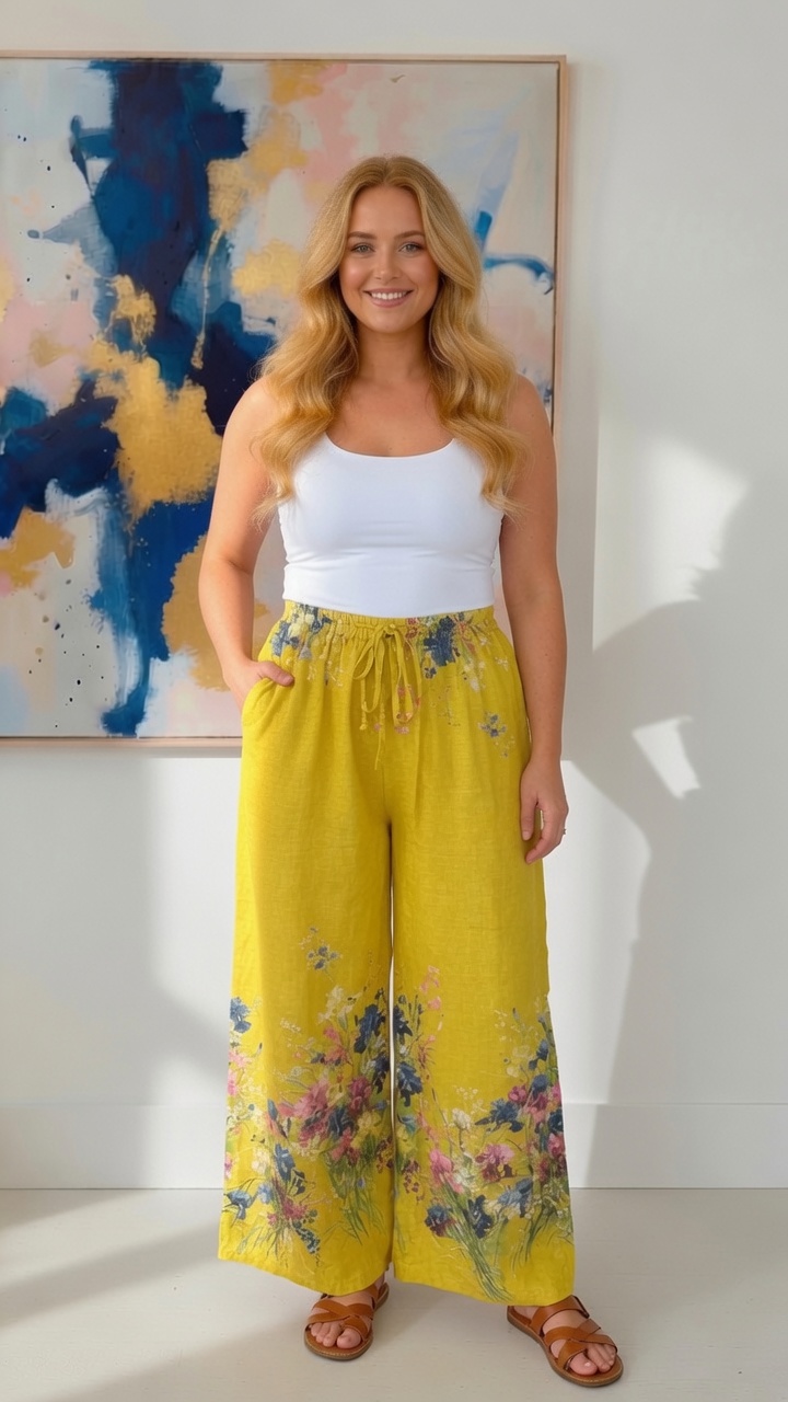 Pantaloni din in culoare galbenă croială lejeră cu accent floral