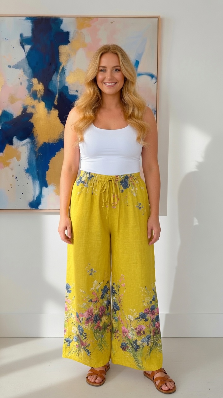 Pantaloni din in culoare galbenă croială lejeră cu accent floral