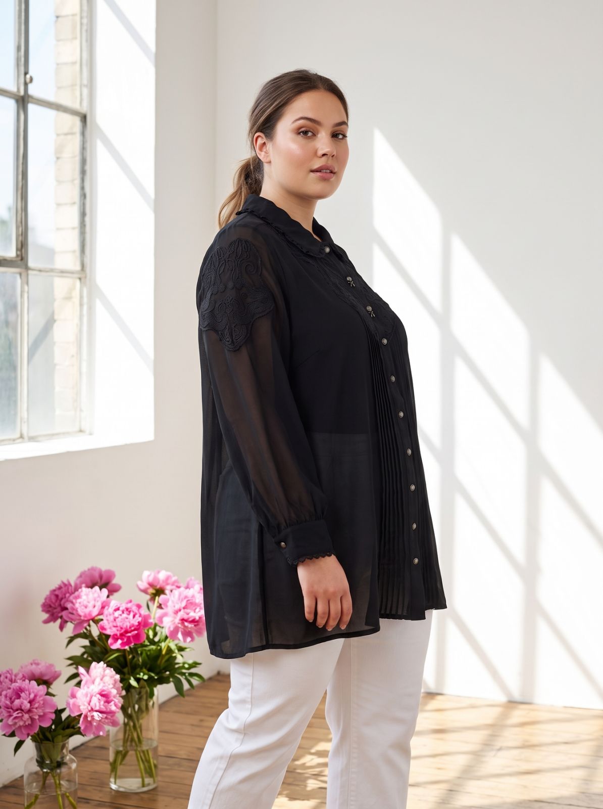 Cămașă luxoasă din șifon cu detalii Plus Size