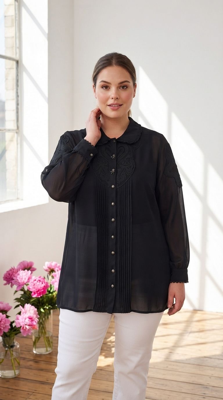 Cămașă luxoasă din șifon cu detalii Plus Size