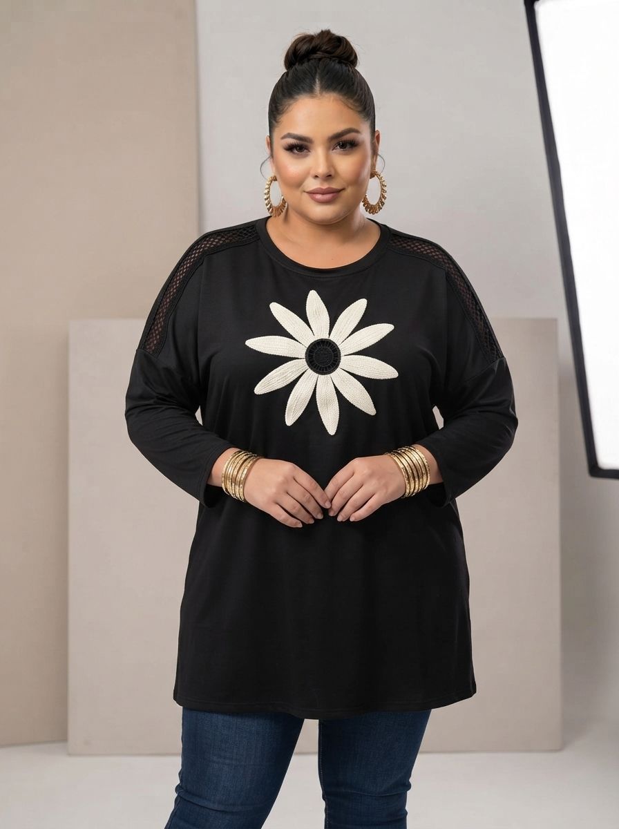 Bluză maxi elegantă cu floare brodată spectaculoasă