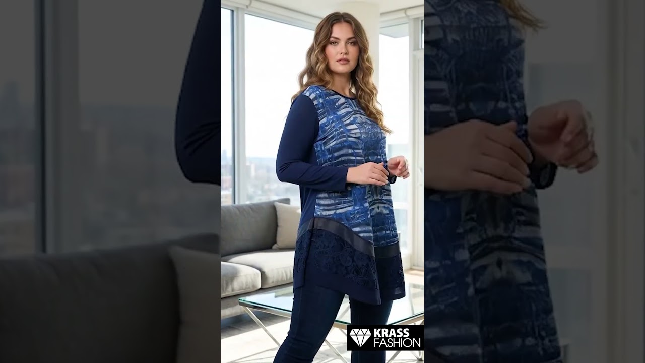 Tunică lungă albastră cu împrimeu artistic și detaliu din piele