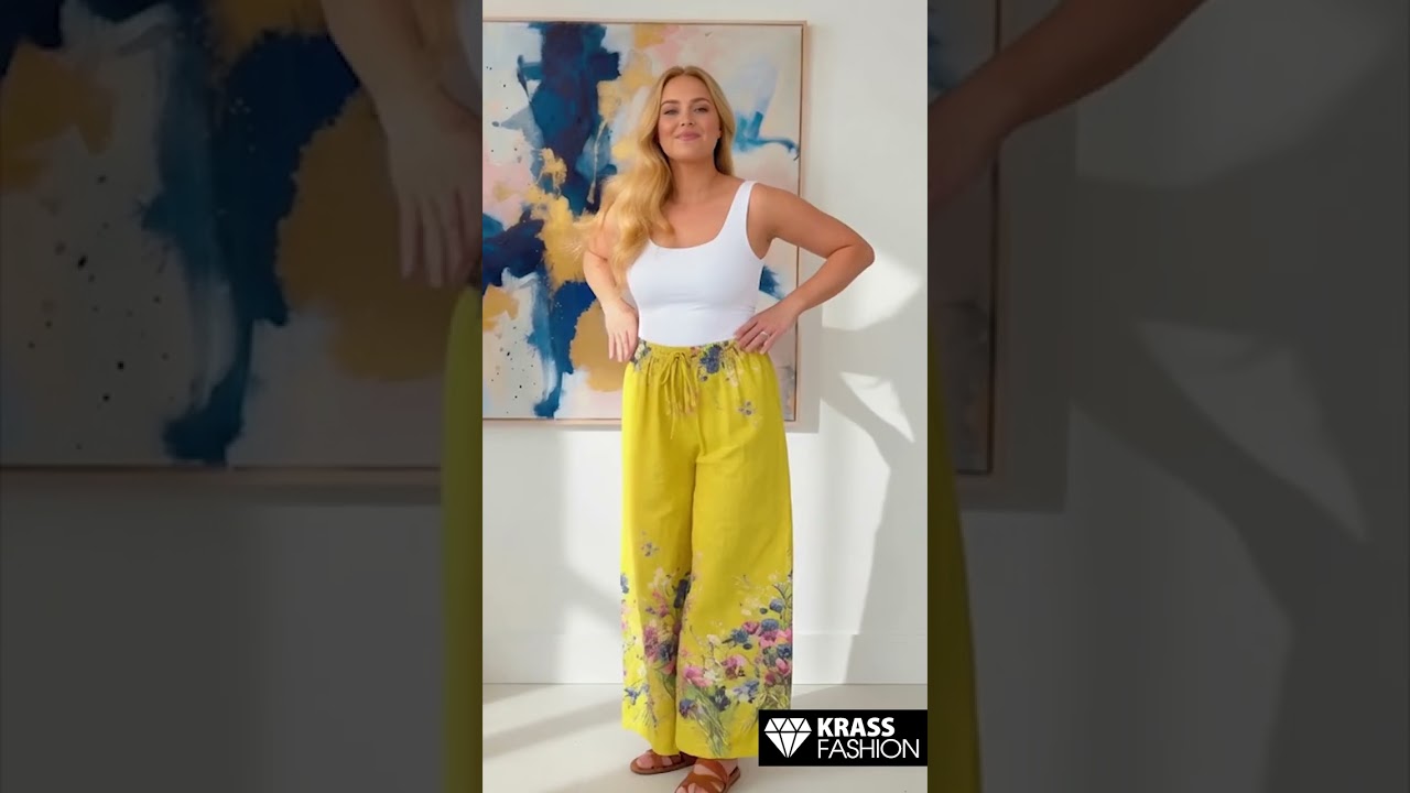 Pantaloni din in culoare galbenă croială lejeră cu accent floral