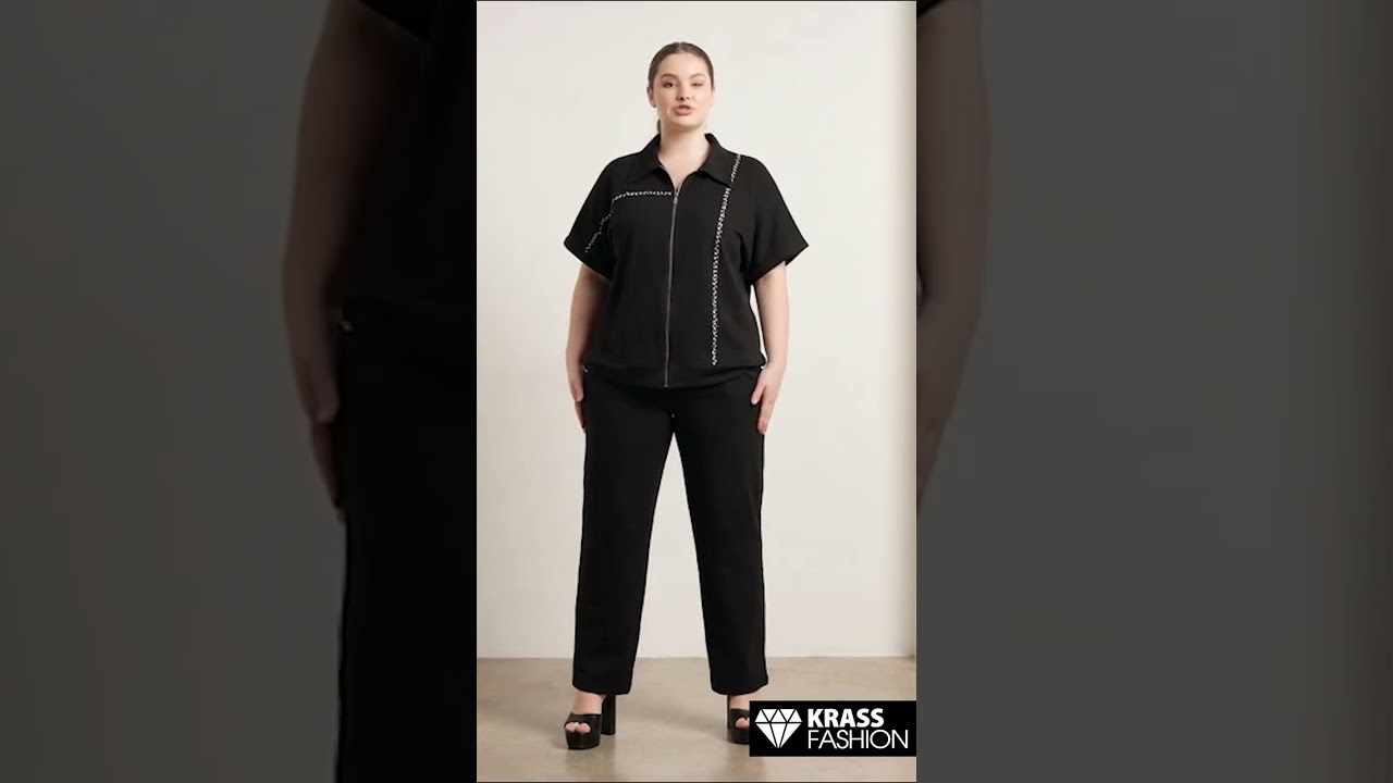 Set Maxi negru Bluză cu fermoar și pantaloni cu croială lejeră