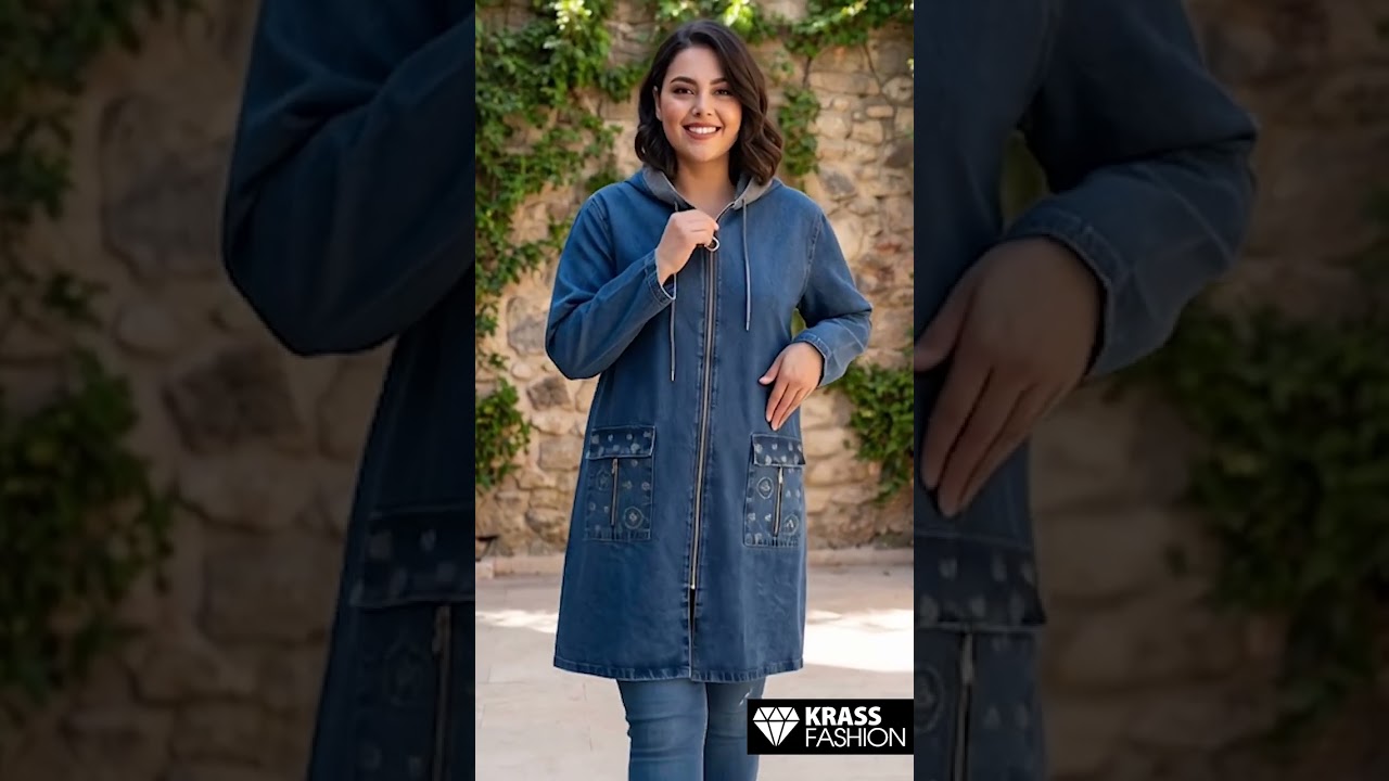 Jachetă maxi modernă din denim cu detalii delicate din pietricele	