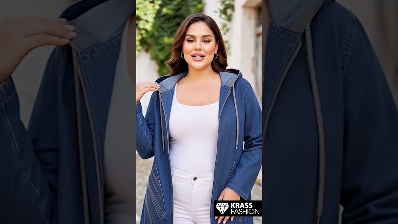 Jachetă maxi modernă din denim cu glugă – design contemporan
