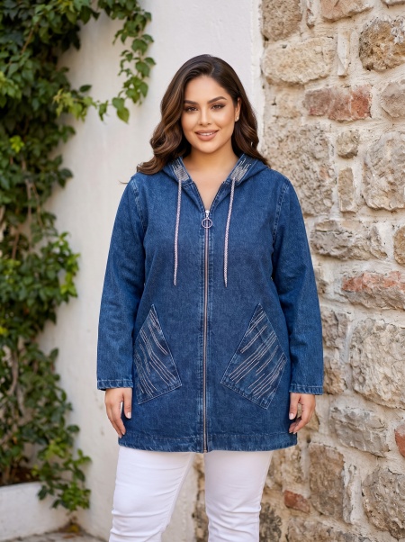 Jachetă maxi modernă din denim cu glugă – design contemporan