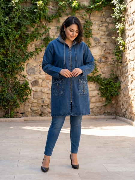 Jachetă maxi modernă din denim cu detalii delicate din pietricele	