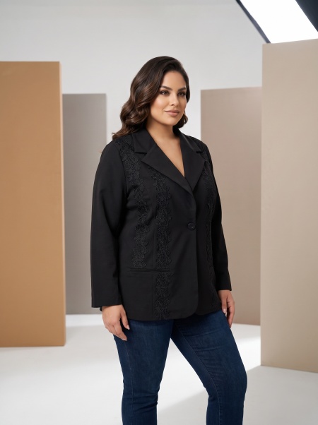 Sacou negru cu detalii elegante și broderie maro