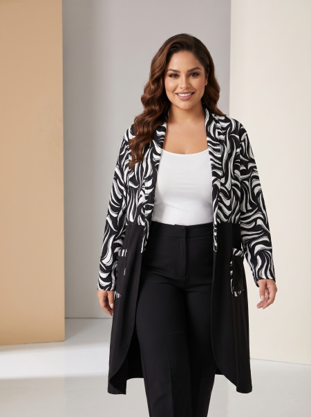 Cardigan maxi lung în alb și negru cu design modern