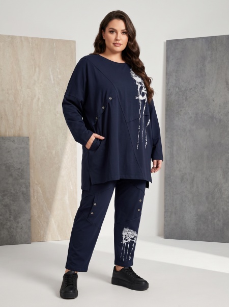 Compleu maxi lejer bleumarin cu tunică și pantaloni
