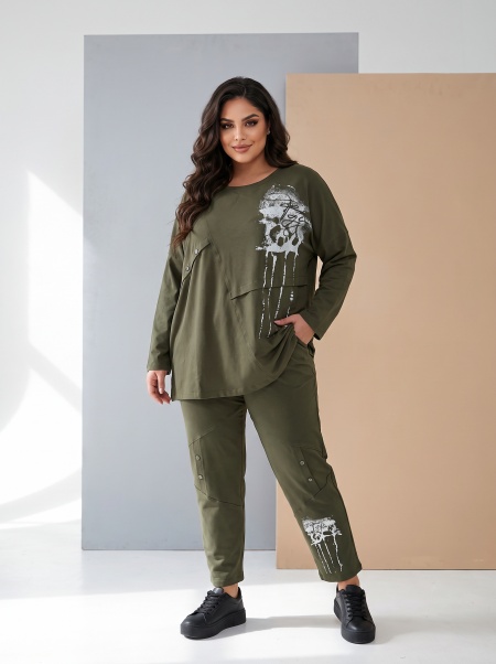 Compleu maxi lejer verde masliniu cu tunică și pantaloni