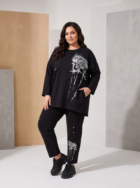 Compleu maxi lejer negru cu tunică și pantaloni