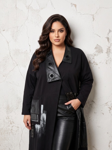Cardigan lung de boutique cu detalii din piele și design modern