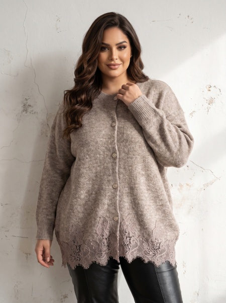 Cardigan culoare mocca cu design elegant și detalii delicate din dantelă brodată