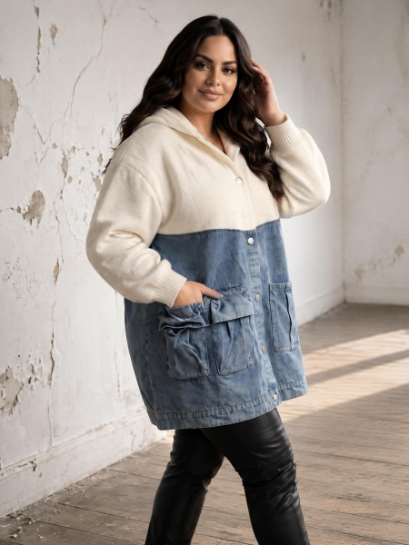 Jachetă maxi din denim cu inserții din tricot călduros CU ALB