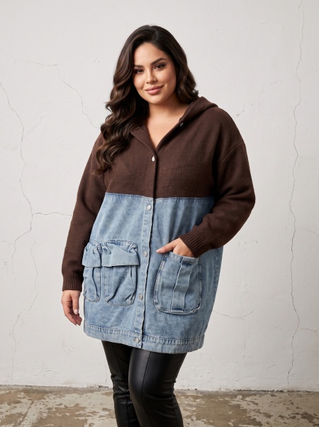 Jachetă maxi din denim cu inserții din tricot călduros CU MARO 
