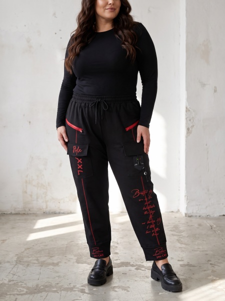 Pantaloni CARGO sofisticați cu accente decorative roșii