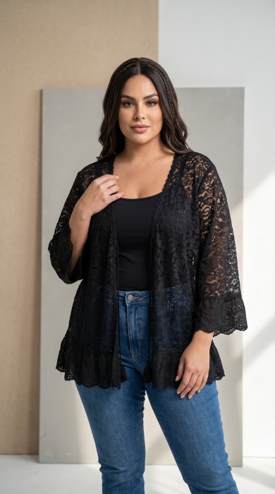 Cardigan maxi negru din dantelă delicată
