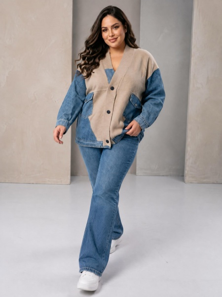 Jachetă modernă din denim cu inserții din tricot bej