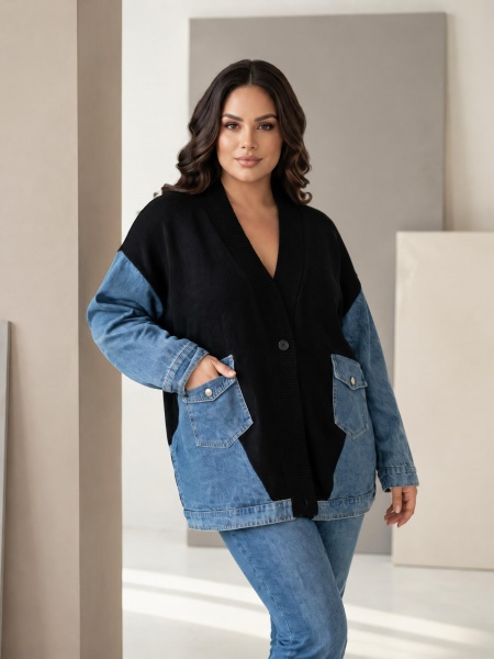 Jachetă modernă din denim cu inserții din tricot negru