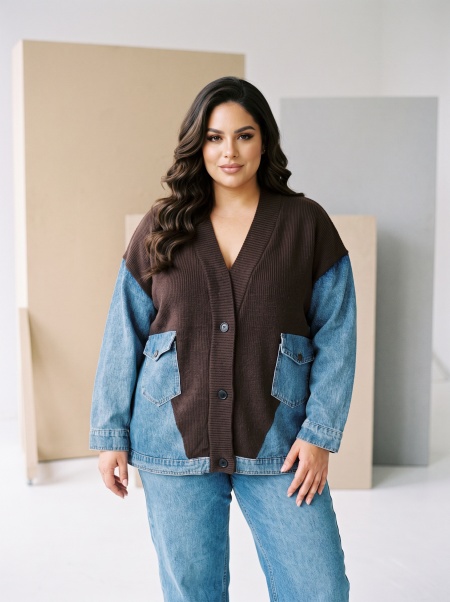 Jachetă modernă din denim cu inserții din tricot maro