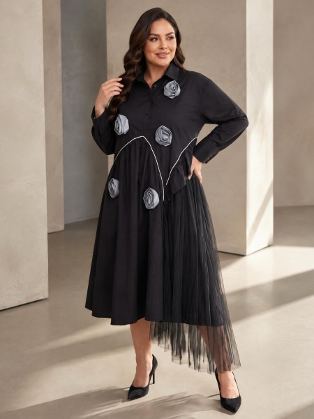 Rochie de tip boutique cu flori 3D și tulle în mărimi mari