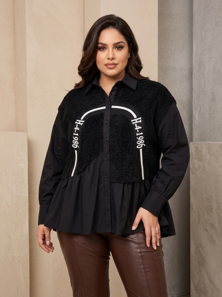 Cămașă de designer din două materiale cu volănaș elegant