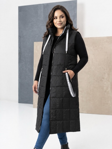 Vestă lungă neagră cu croială de designer în mărimi mari