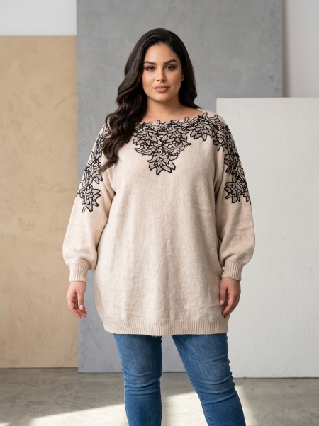 Pulover fin în stil retro culoare ecru cu dantelă delicată 3D