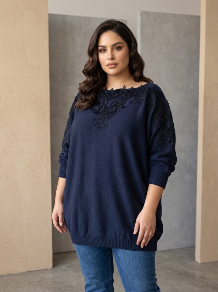 Pulover fin bleumarin în stil retro cu dantelă delicată 3D