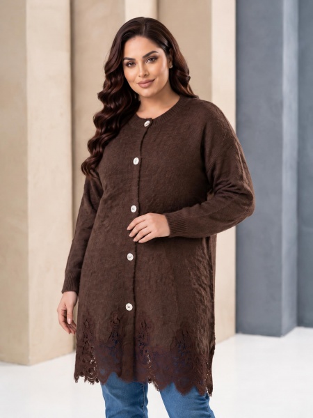 Cardigan maxi delicat în nuanță de maro cu dantelă fină