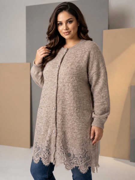 Cardigan maxi delicat în nuanță de ecru cu dantelă fină