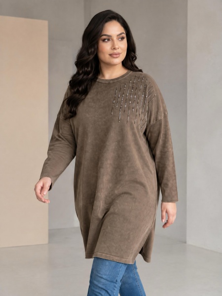 Tunică lungă din bumbac cu strălucire delicată culoare mocha