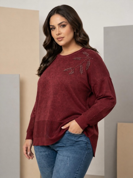 Bluză maxi culoare bordo din bumbac cu tricot fin