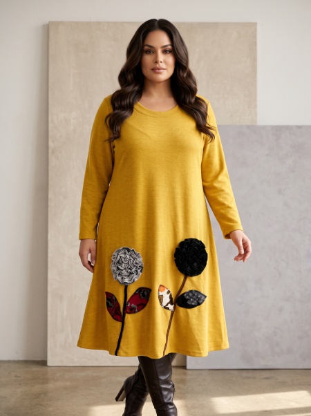 Rochie groasă evazată galbenă cu flori 3D