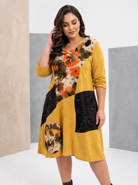 Rochie groasă de culoare muștar cu aplicații florale deosebite