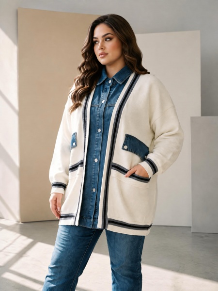 Cardigan de damă din tricot gros alb cu inserții din denim